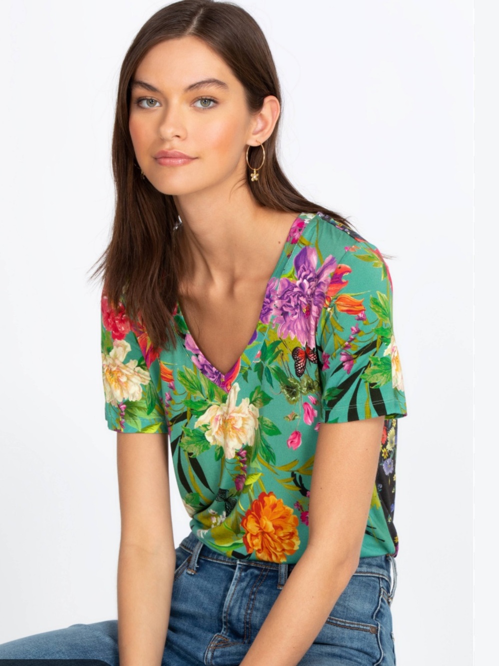 Johnny Was Janie Favorite Floral Bamboo V-Neck T-Shirt